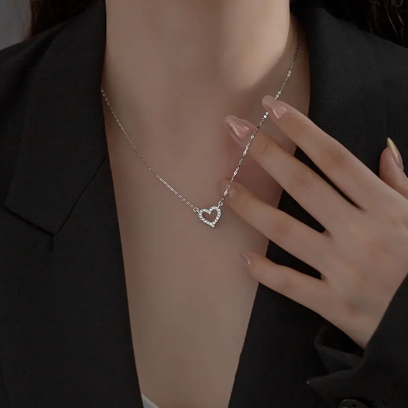 Women Valentine Jewelry Cubic Zirconia 925 Sterling Silver Heart Pendant Love Necklace