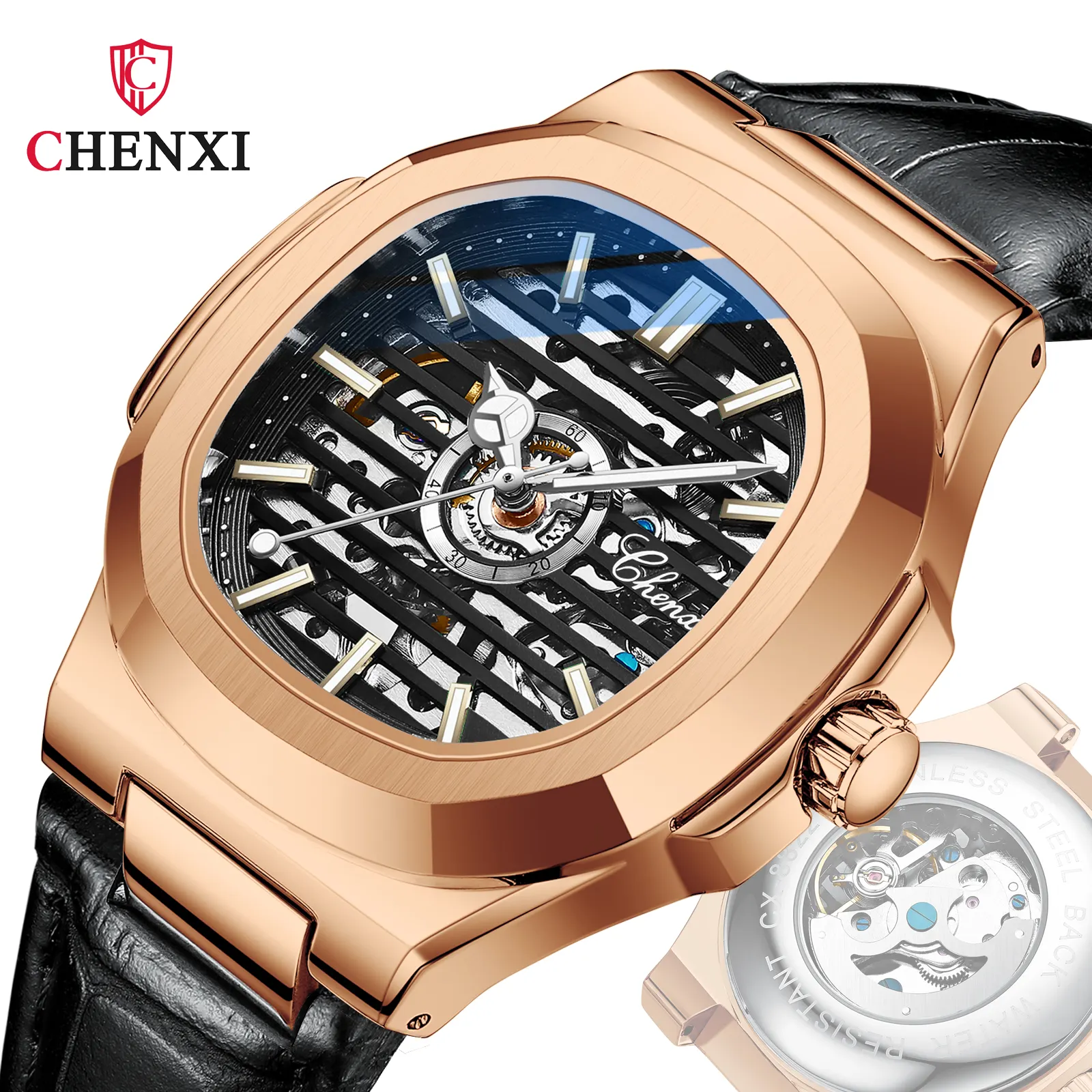 Orologio automatico quadrato 8822 di marca CHENXI all'ingrosso della fabbrica a buon mercato per orologio da uomo meccanico di lusso in pelle da uomo