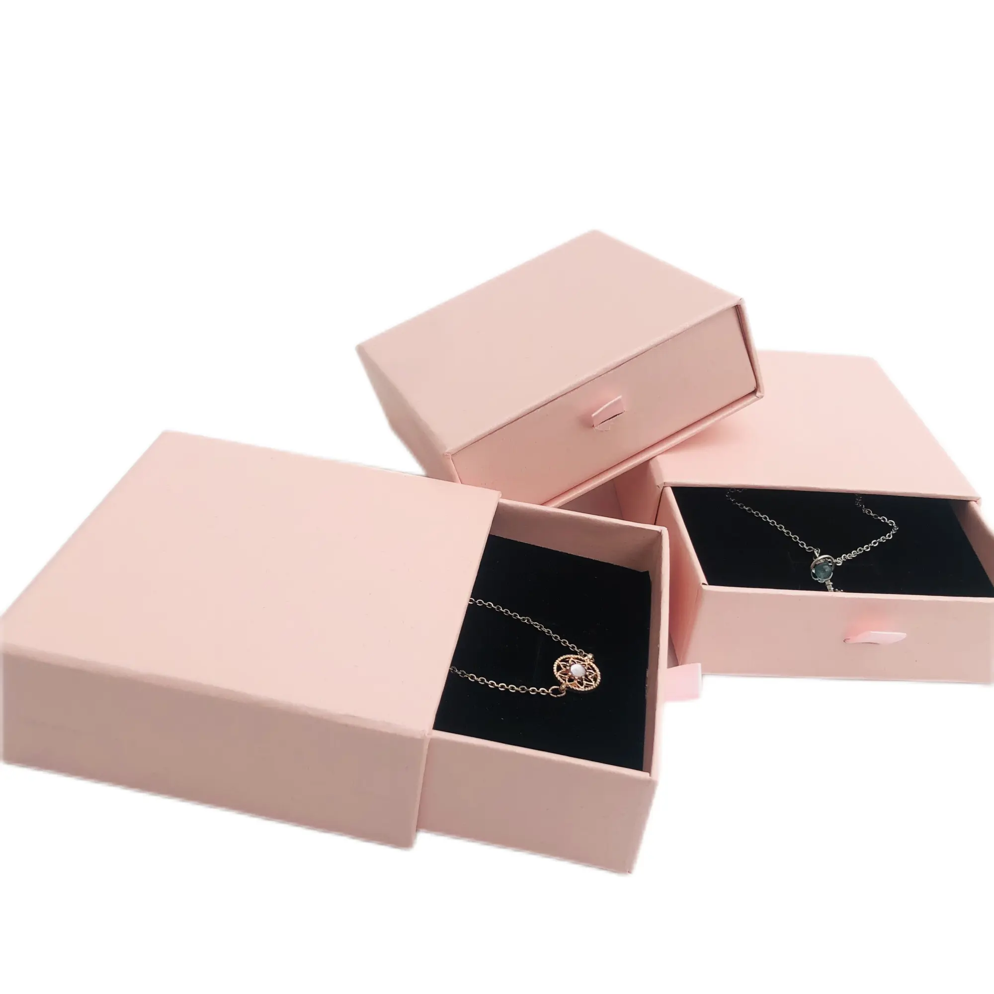 Logotipo personalizado de luxo rosa, embalagem de papel do papelão do presente da jóia do anel saco de deslizar pequena caixa de gaveta com almofada esponja