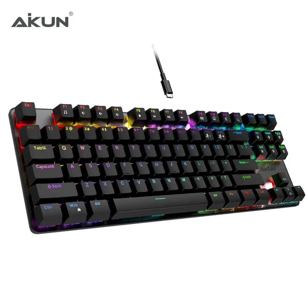 AIKUN GX9870 kablolu 7L RGB arka oyun klavye mekanik anahtarları multimedya 87 tuşları Mini taşınabilir klavye