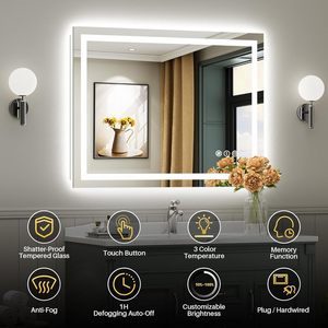 Espejo de tocador de baño LED con pantalla táctil regulable, espejo inteligente cuadrado con función de memoria antiniebla antirotura HD - Product Image 2