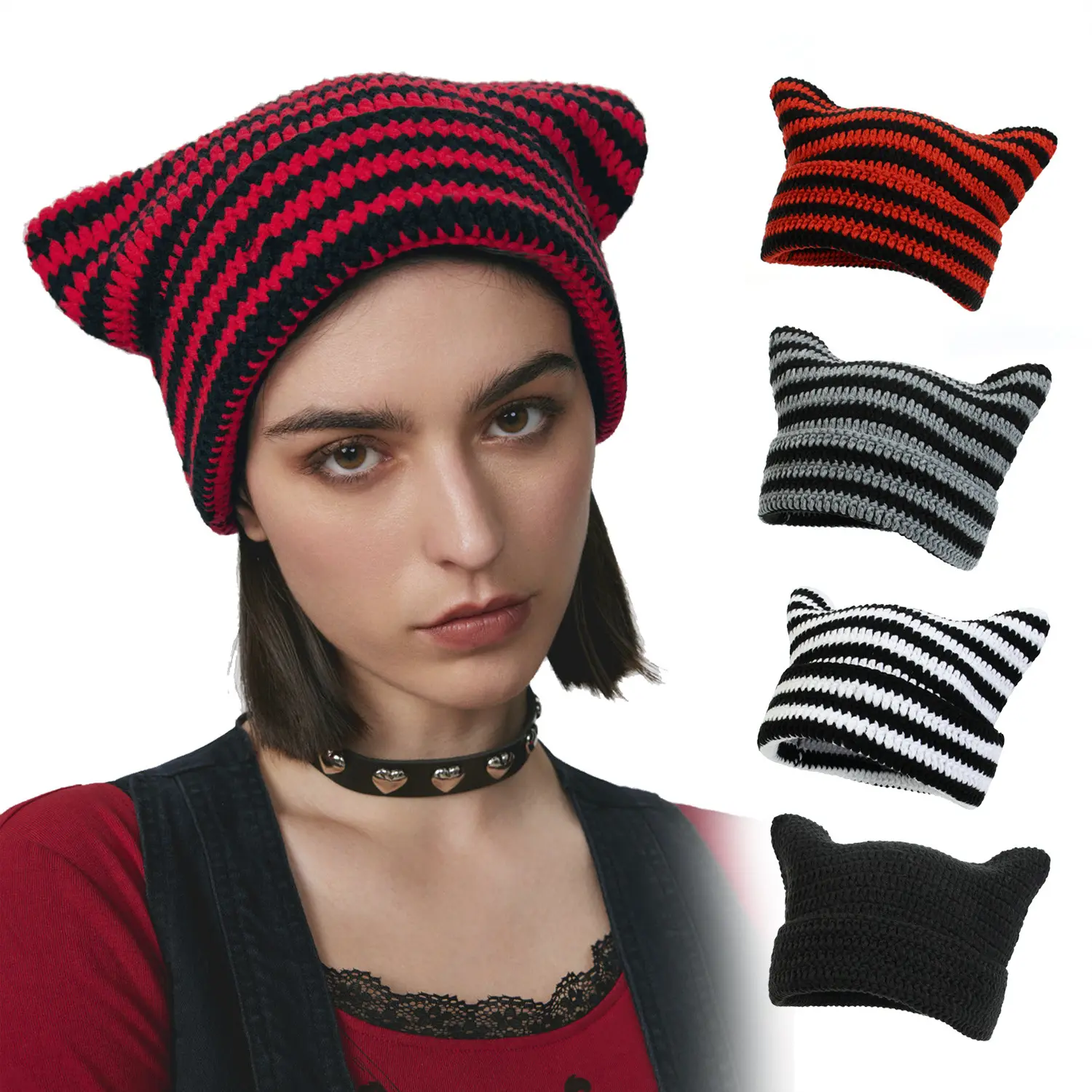قبعة صغيرة مخططة دافئة للشتاء Q30826 مع آذان قبعات كروشيه مضفرة للنساء
