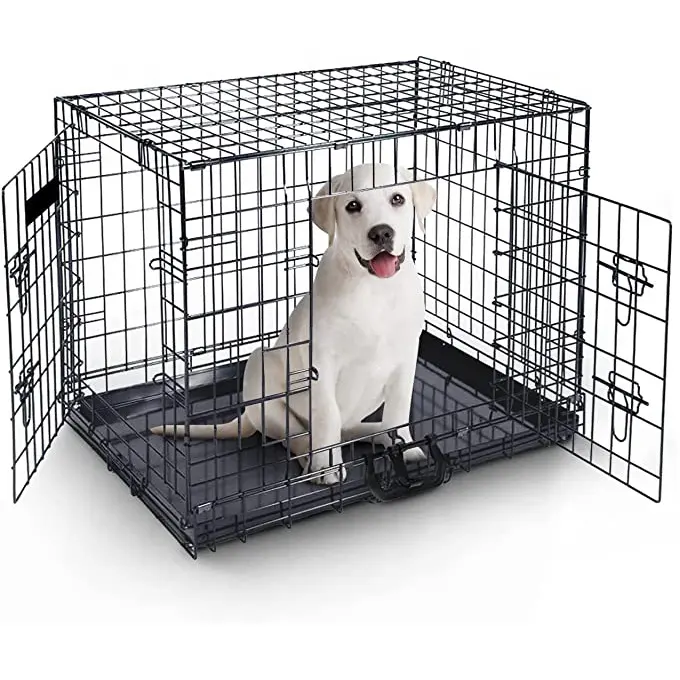 Jaula plegable de Metal para mascotas, caseta portátil de doble puerta para perro, de 42 pulgadas con sartén a prueba de fugas