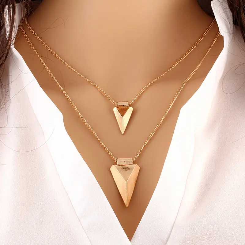 Fashion Two layers thin chains necklaces with triangle pendant Gold chain choker necklace jewelry wholesale HZS32b16