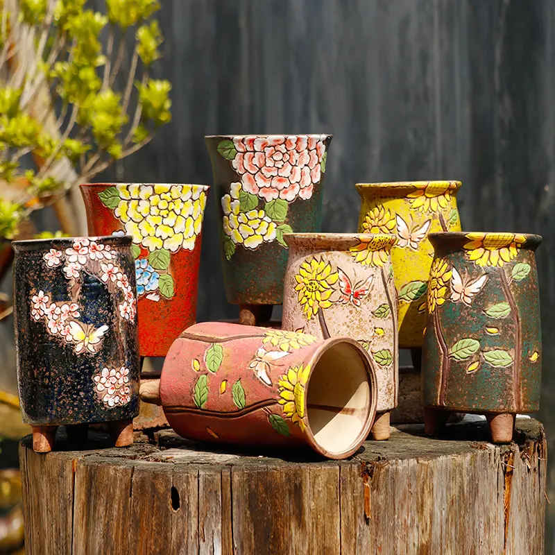 Macetas de flores suculentas modernas de gran tamaño, decoración exterior de terraza pintada a mano