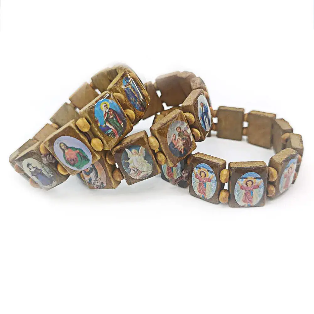 KDC1312 bracciale elastico in legno elasticizzato con immagini di santi religiosi bracciale rosario all'uncinetto gesù