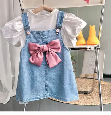 Mädchen Mode 2 Stück Anzug Bogen Puff Ärmel Hemd Top Denim Strap srock Kinder Kleidung Kleinkind Mädchen Anzug