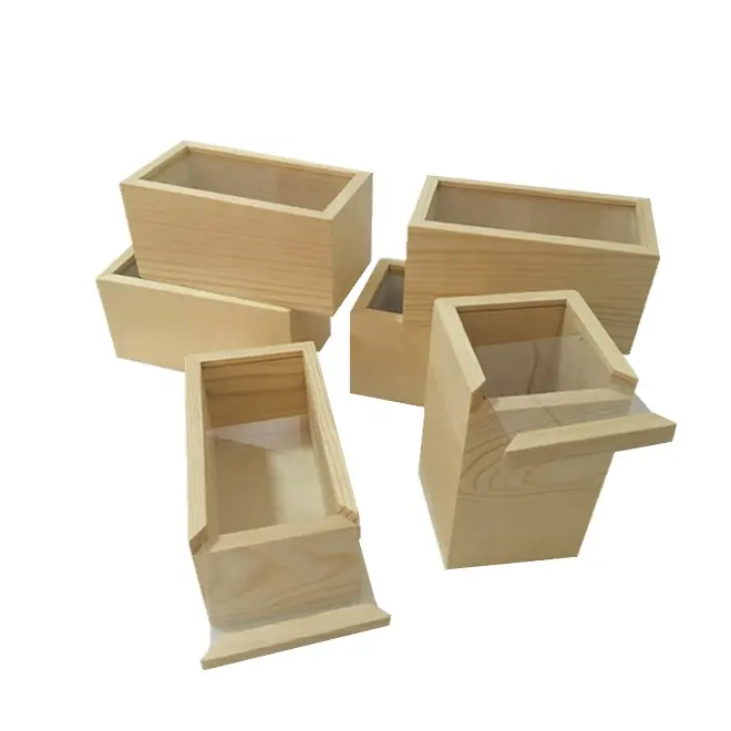 Rustikales Holzkorb Geschenkbox, kleine unbehandelte Kiefer-Vorführbox mit verschiebbarem Acryl-/Klardeckel für Schmuck, Foto