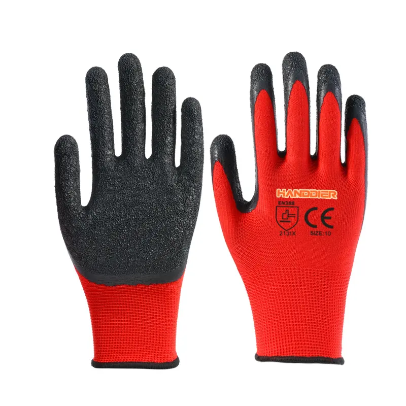 Gants industriels en caoutchouc tricoté en nylon rouge à revêtement antidérapant OEM/ODM Gants de protection en latex froissé enduits de paume Gants de travail de sécurité