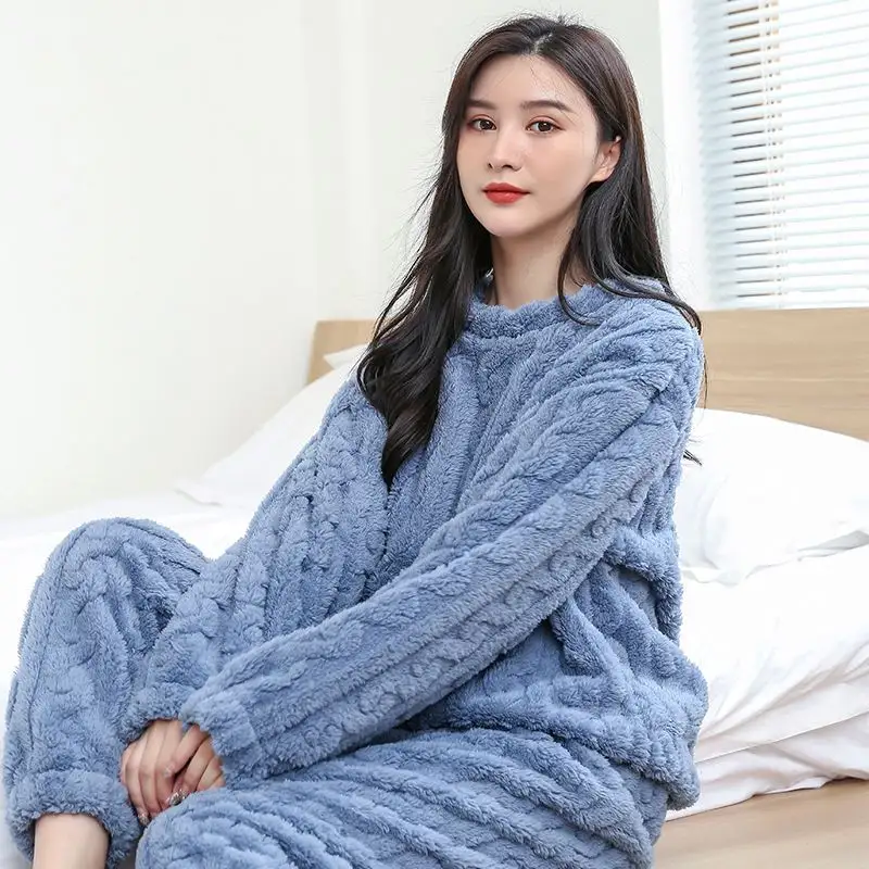 Winter Coral Fleece Pajamas Women Pink Lounge Sleepwear for Ladies Bedroom Home Clothes PLUS Size Solid Polyester Printed 100pcs