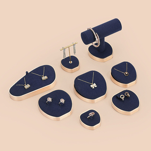 Jinsky Dark Blue Jewelry Display Set Golden Frame <strong>apple</strong> Shape Jewellery Stands Oval Shape Platform Displays for Counter showcase - Product Image 4