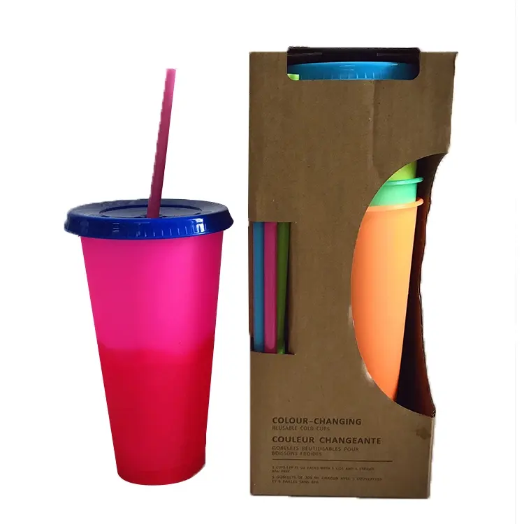 Copo de plástico com tampa e canudo, logotipo personalizado sem bpa reutilizável pp, copo mágico de cor com tampa