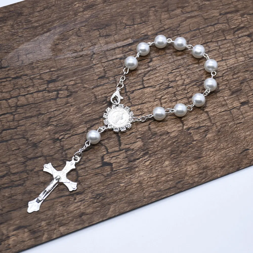 White Imitation Pearl Cross Pendant Rosary Bracelet For Women Religious Jesus Maria Catholic Christian Accessories Jewelry Gift
