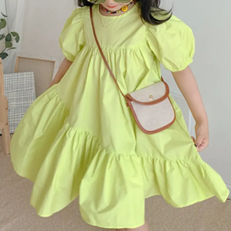 Vestido de algodón con manga abombada y volantes para niñas, ropa de princesa de color sólido, venta al por mayor