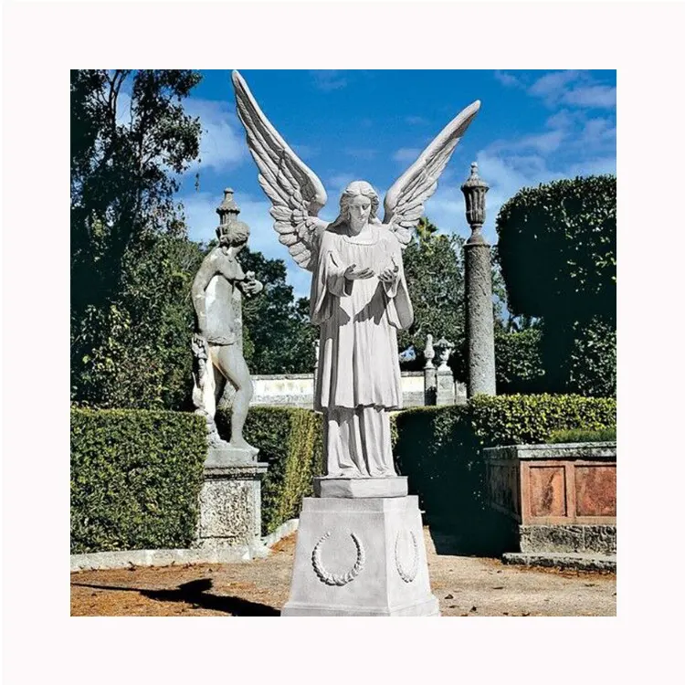 Di grandi dimensioni in pietra naturale in piedi alato angelo scultura in marmo angelo giardino statua per la decorazione della chiesa
