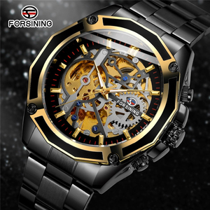 FORSINING GMT982 automatico Golden Men Auto meccanico nuovo Design Tourbillon in acciaio inossidabile sub-dial orologio multifunzione - Product Image 1