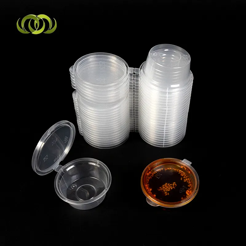 Tasses à sauce dessert jetables personnalisées de 1oz Tasses à soufflé en partie transparente Récipient à sauce en plastique avec couvercle hermétique