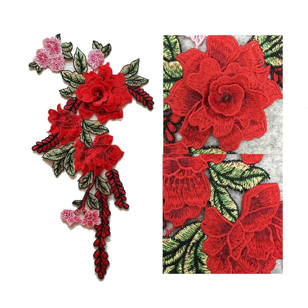 Adesivo bordado de renda multi-colorido, adesivo de rosas 3d de flores, aplique de renda, bordado de crochê, para vestido