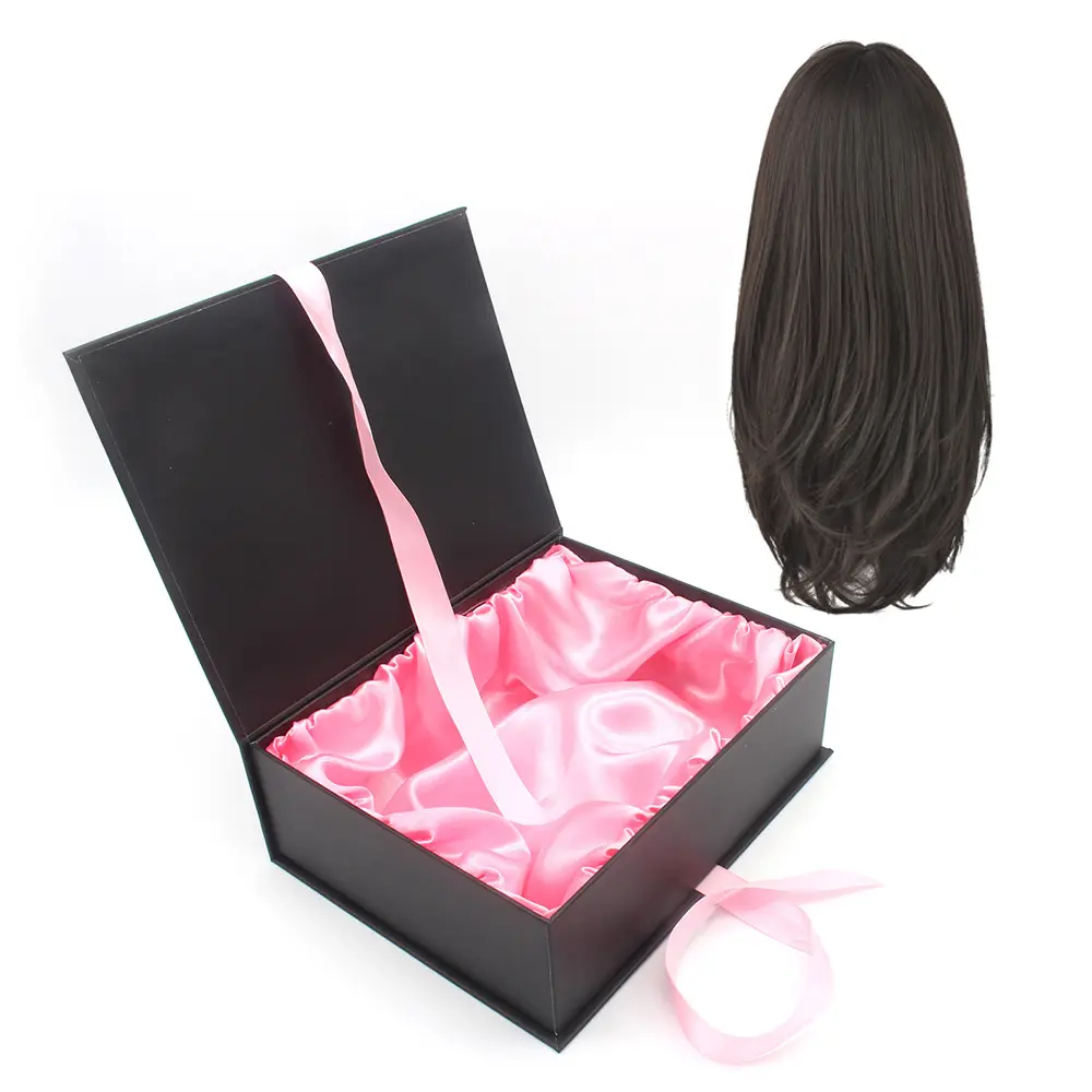 Luxo grande retangular ouro rosa pacotes de renda cetim peruca de cabelo humano caixa dobrável para peruca produtos de cabelo de negócios