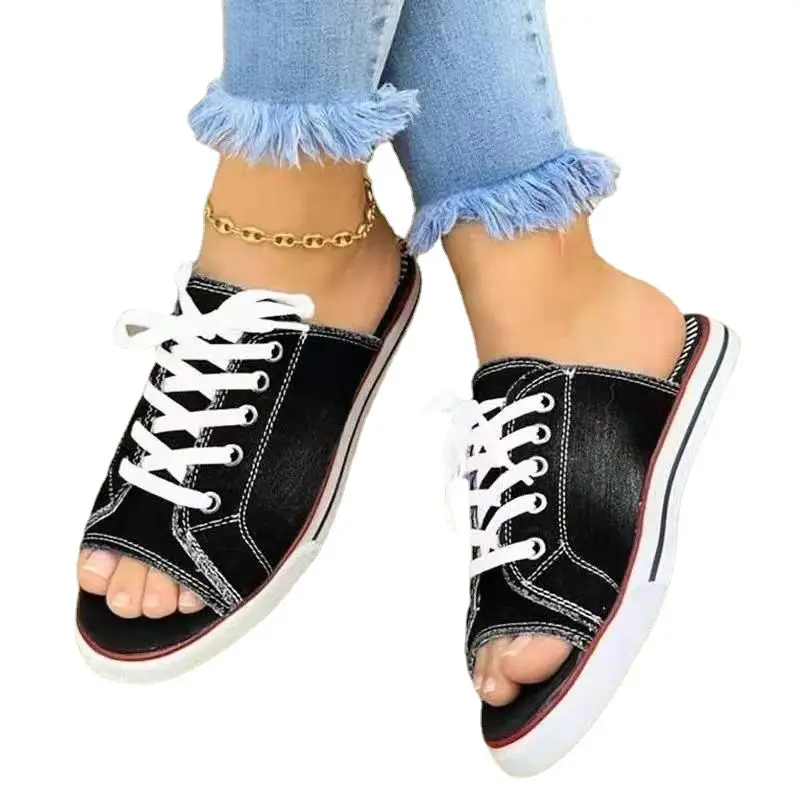 Yeni yaz kanvas sandalet tek satır düşük topuklu kadın ayakkabısı denim dantel-up ayakkabı platform ayakkabılar
