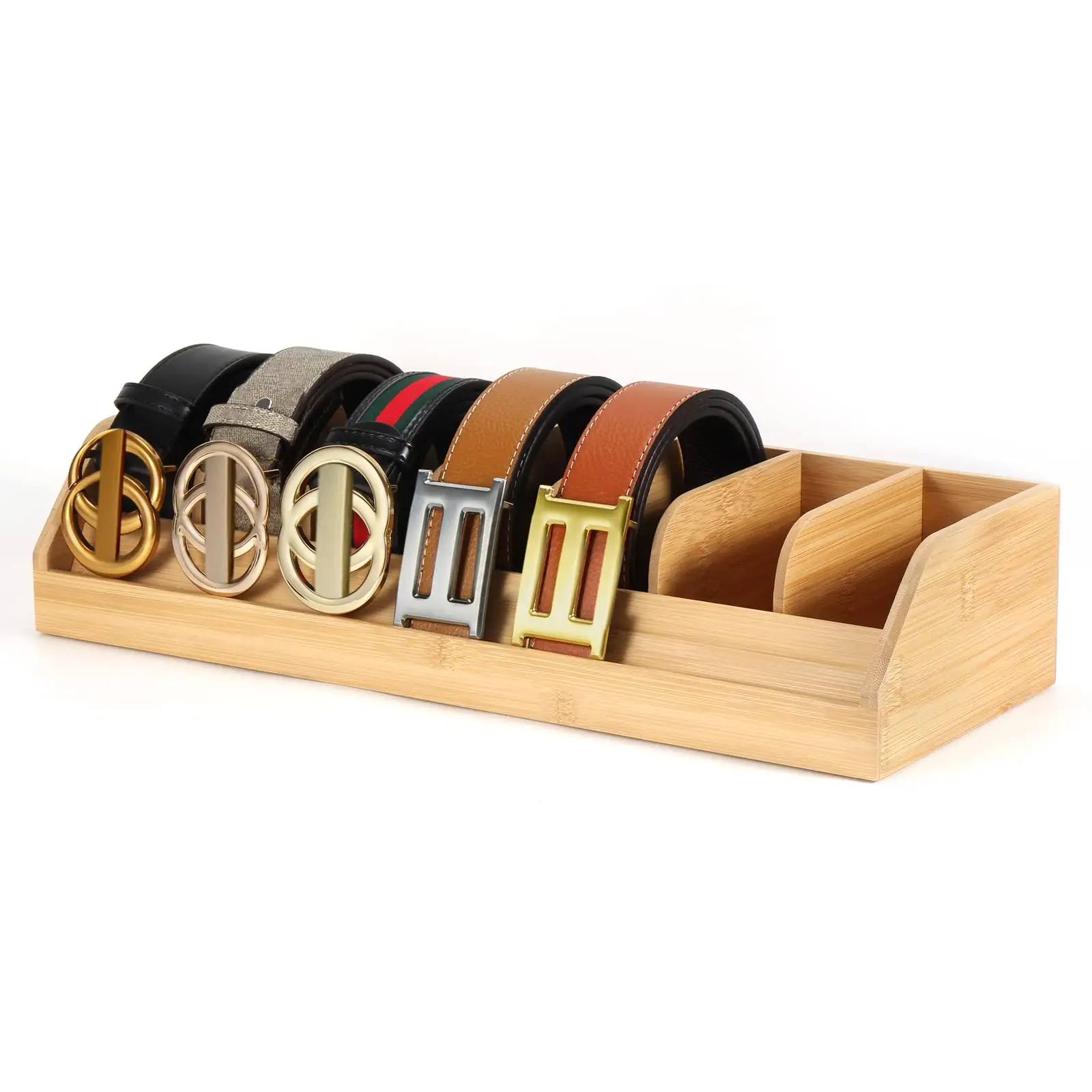 Belt Organizer Container 7 Compartments Belt Display Rack for Men Bamboo Belt Holder for Closet and Drawer