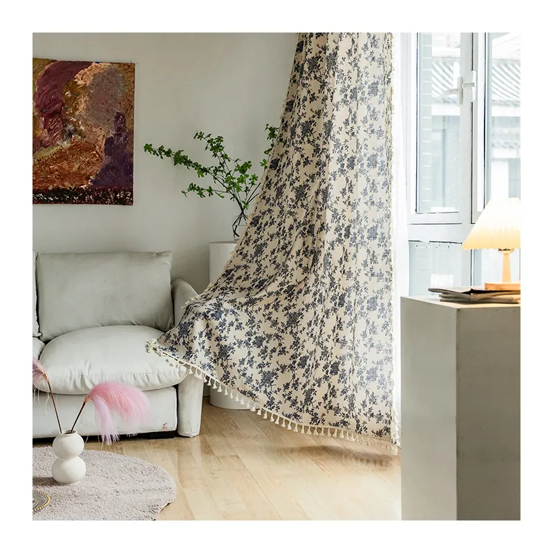 Innermor-cortina americana con borlas acabadas, algodón, lino, estampado, balcón, ventana pequeña
