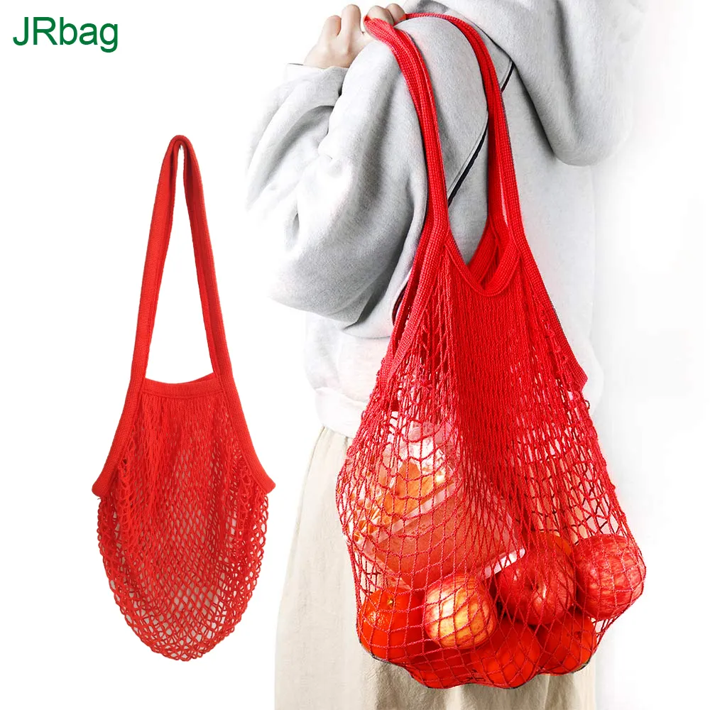 Özelleştirilmiş boyama kırmızı yıkanabilir kullanımlık sebze Net örgü pazarı pamuk meyve çantası uzun saplı