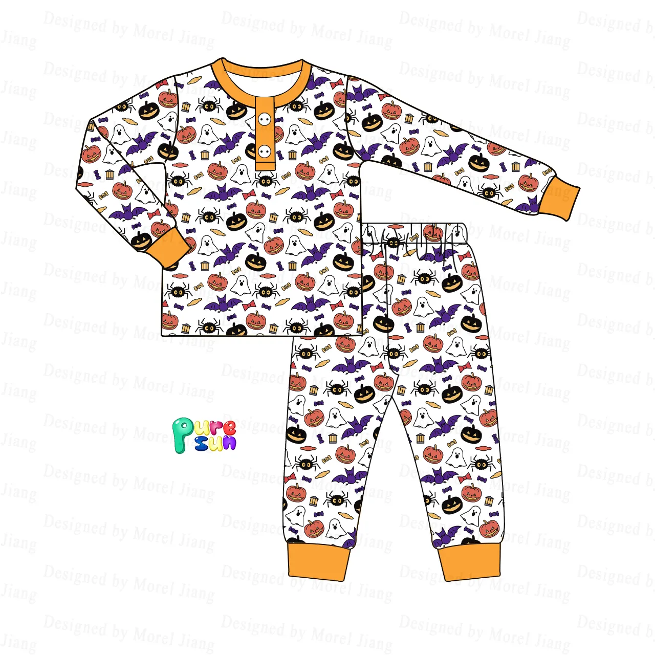 Pijamas de bambú con diseño de calabaza de Halloween 2024 para niños, nueva ropa informal de algodón, suministro ODM