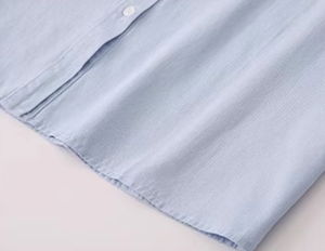 Áo sơ mi cotton cổ đứng màu xanh kiểu vintage dành cho nữ, tay bồng xếp ly kiểu Pháp cổ điển, dáng rộng - Product Image 5