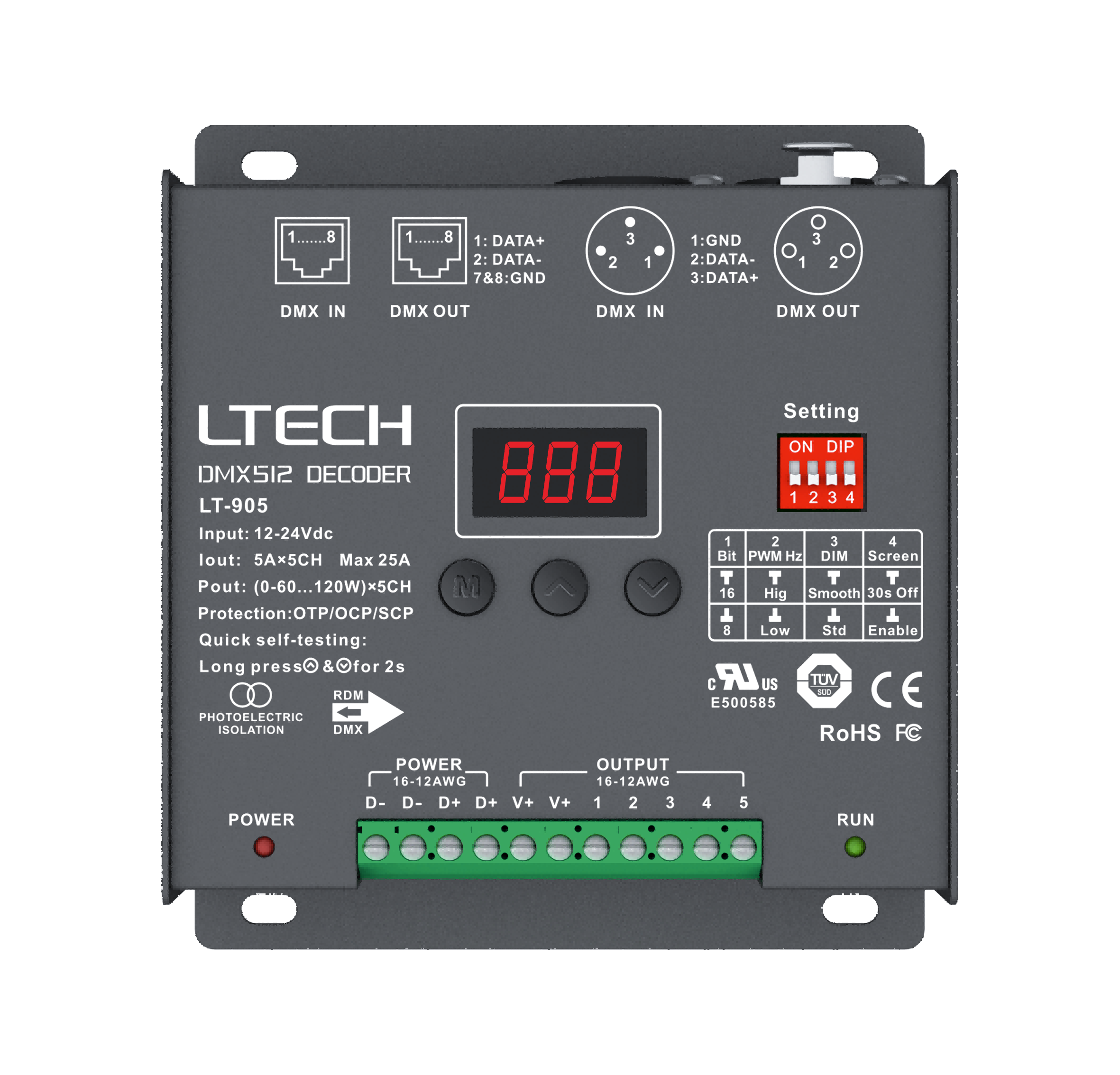 LT-905/RGBWY 16 bits 5A*5CH Máx. 25A Máx. 600W