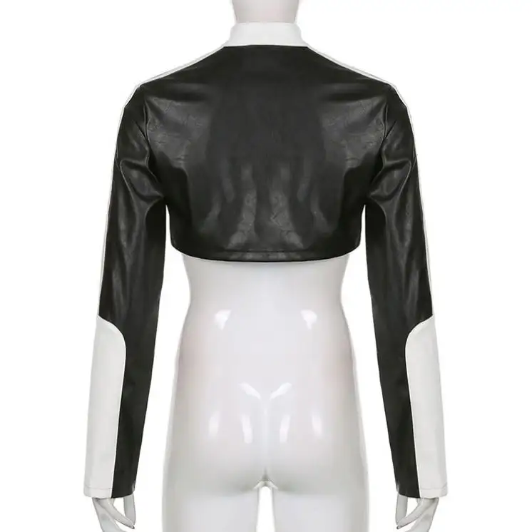 Winter 2022 street bike jacket female sense leather short style color contrast zipper leather coat
