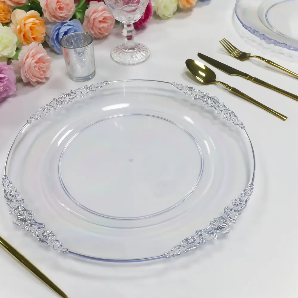 Haute qualité 13 pouces décoration de mariage clair plaques de chargeur en plastique rustique avec jante or/argent/vert/violet/rose