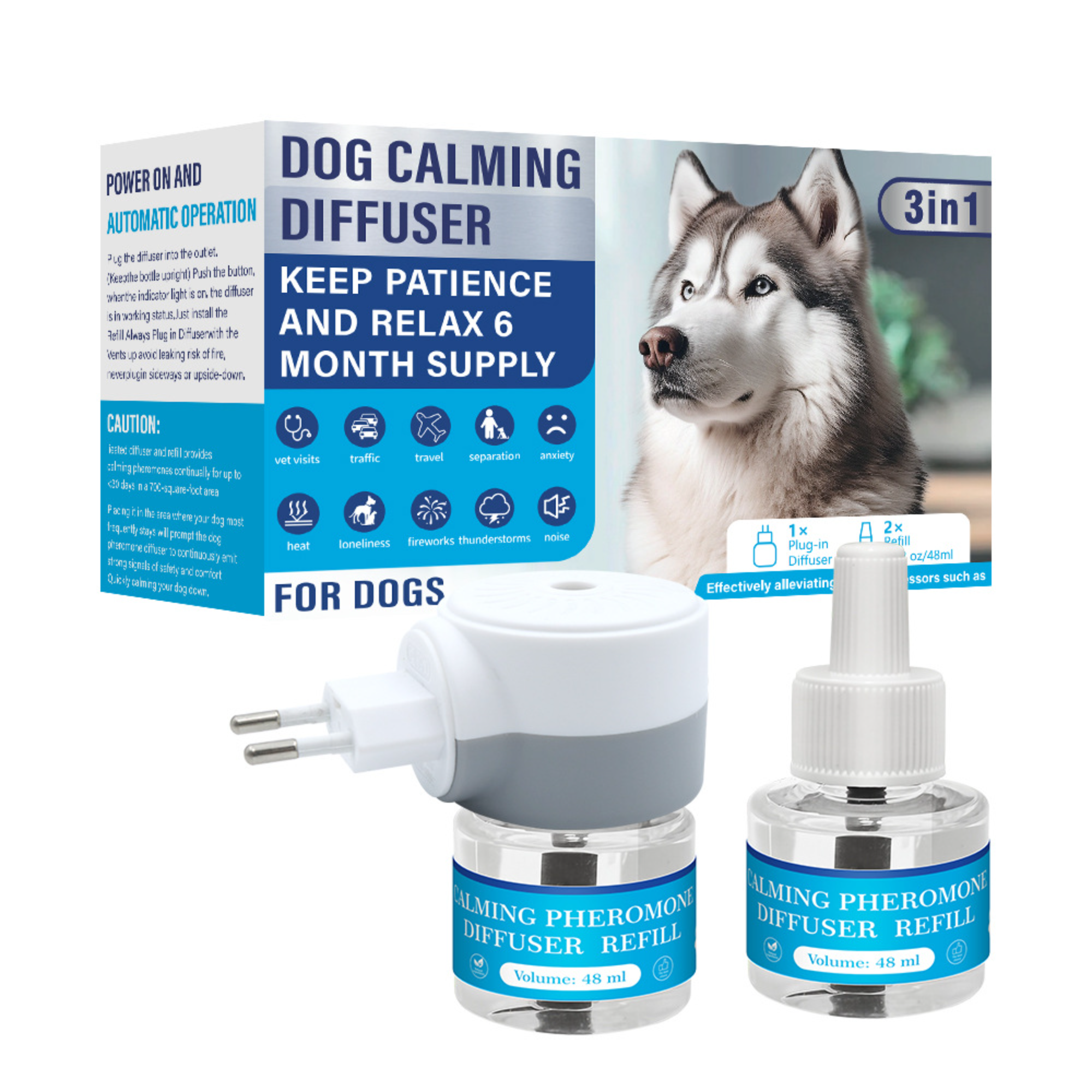 Liquide calmant et apaisant pour chien, conforme aux normes européennes (1 unité + 2 liquides)