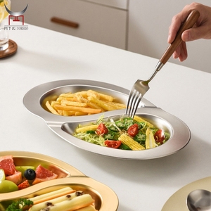 金不锈钢双格开餐盘可叠放平底分开餐盘独立拼盘 - Product Image 3