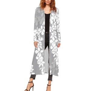 No MOQ Design di lusso <span class=keywords><strong>grigio</strong></span> Puakenikeni Elei modello hawaiano stile tropicale Casual Cardigan a maniche lunghe da donna Trench - Product Image 2