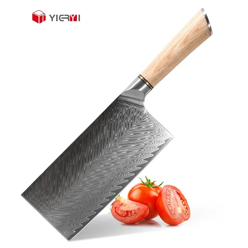سكين تقطيع للبيع بالجملة 67 طبقة سكين مطبخ من الفولاذ الدمشقي بمقبض من خشب البكا صندوق شعار سكين صيني قابل للتخصيص