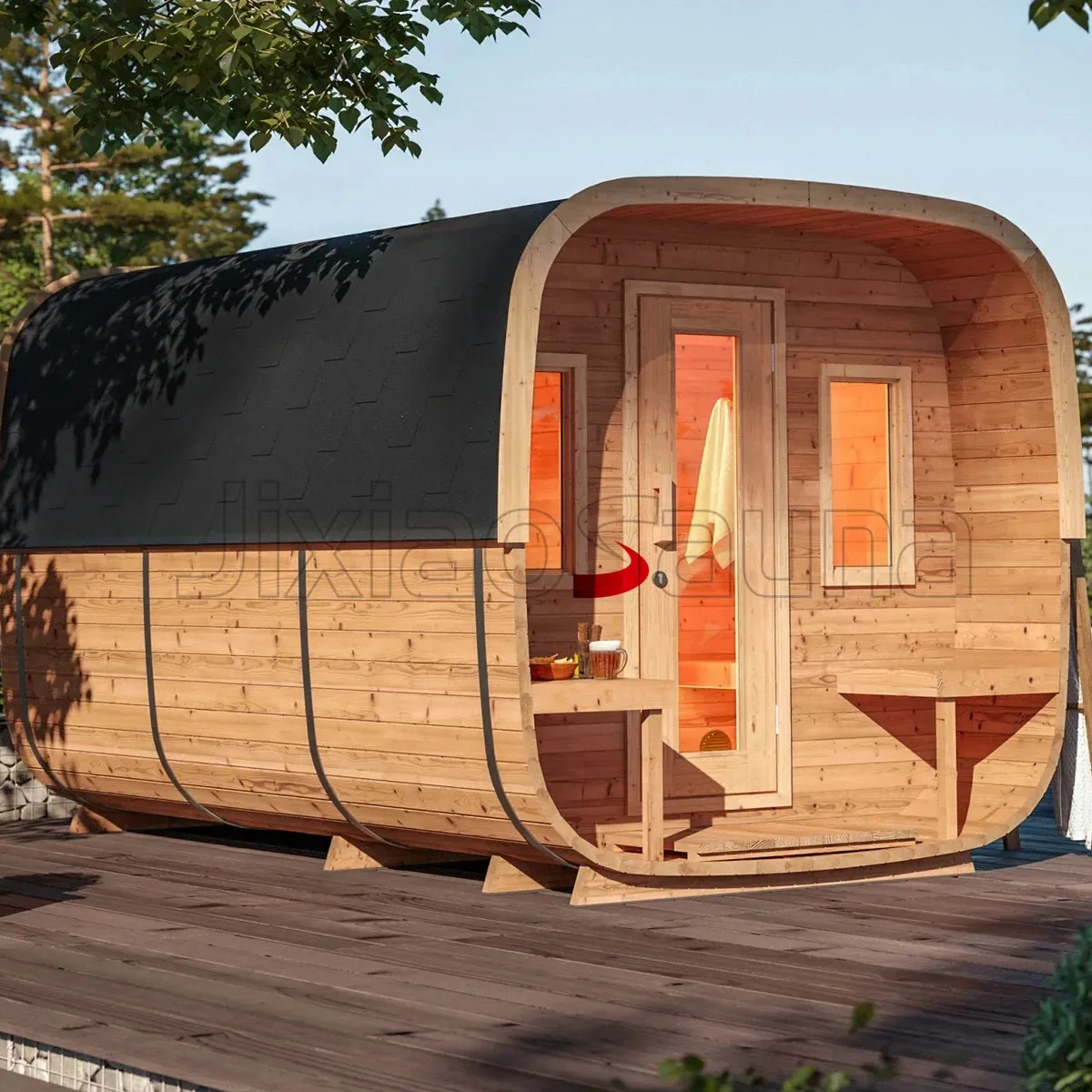 Deluxe Tuin Barrel Sauna | Vierkant Ontwerp Met Natuurlijk Hout | Rustige Buitenspa