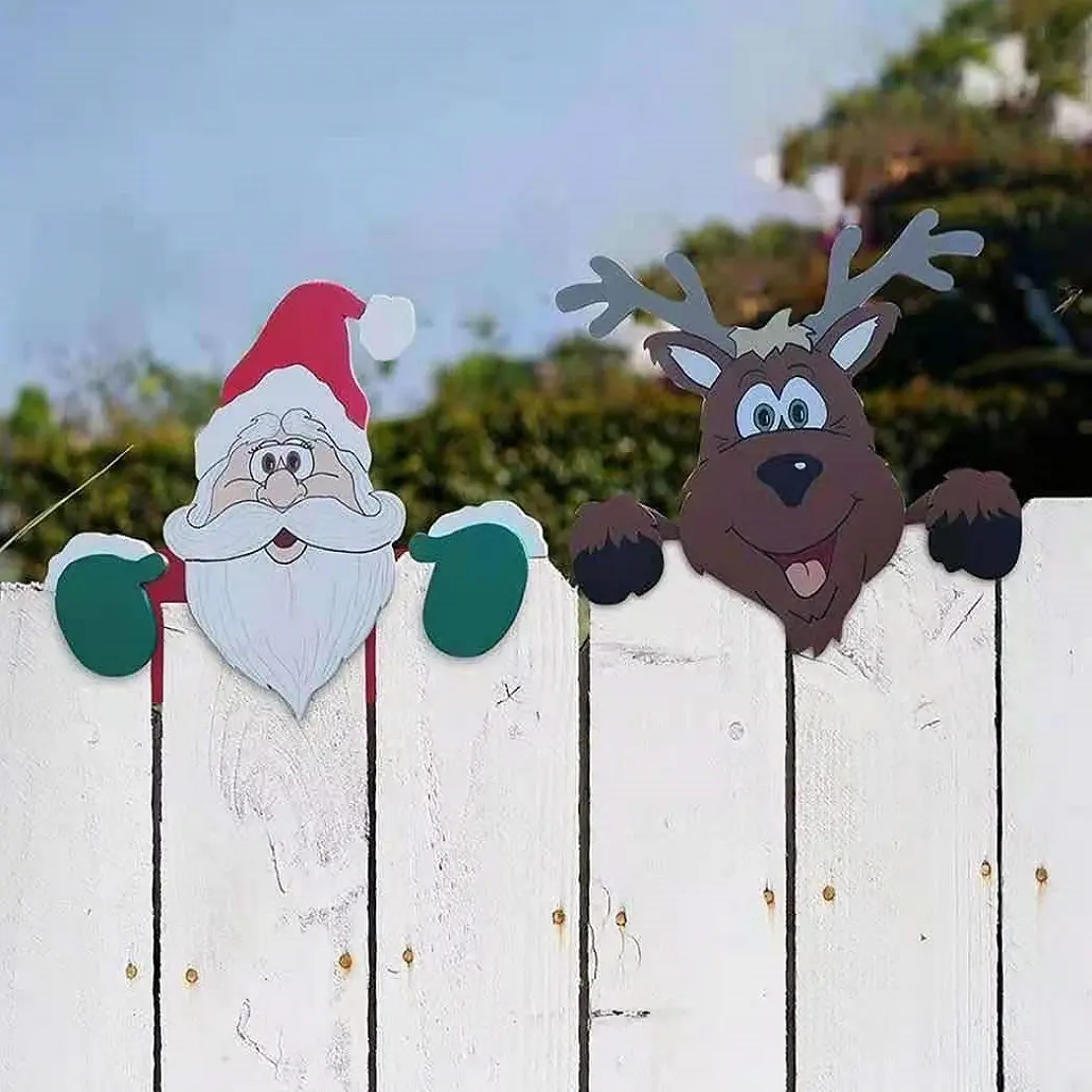 Adornos navideños para exteriores, decoración de jardín con estacas, valla de animales, césped de dibujos animados, Santa Claus, Elk Peek