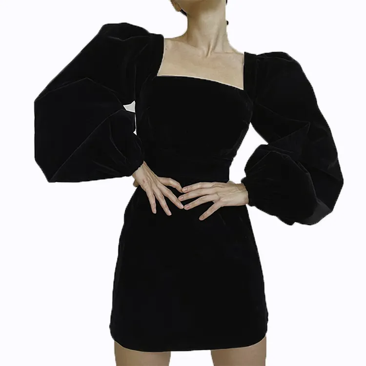 New Best Gold Velvet Dress Sexy Women's Black Puff Sleeve Dress Thin A Line short Mini Dress