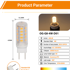 <strong>G8</strong> <strong>Led</strong> Bulb Dimmable 110V/<strong>120V</strong> 4W <strong>LED</strong> Bulb 30-45W Halogen Equivalent Warm White SMD 2835 Ceramic+PC Kitchen Lighting Corn Bulb - Product Image 6