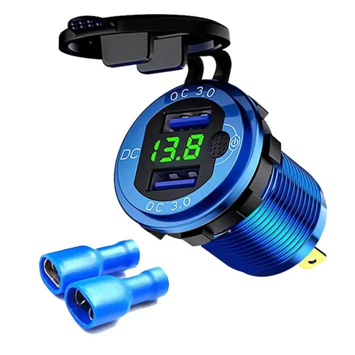 Modified aluminum alloy dual USB car charger waterproof dual QC3.0 with switch digital display voltmeter