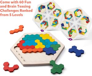 Rompecabezas hexagonal de madera para niños y adultos, bloque de patrón de forma, juguete de rompecabezas Tangram - Product Image 5