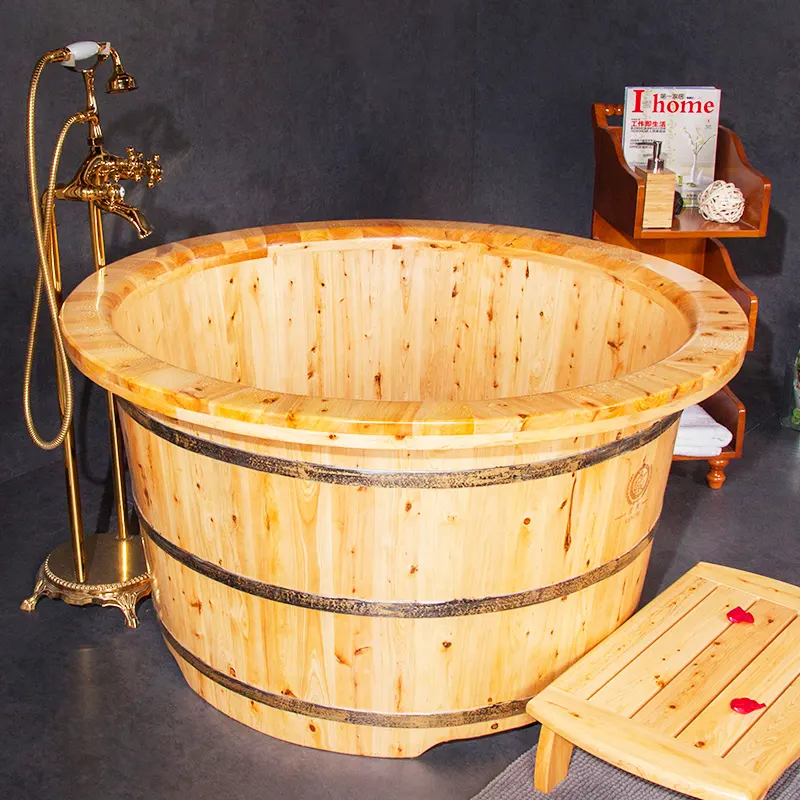 Banheira circular para banheiros de 2 pessoas, produto novo, banheira redonda de madeira de cedro para banheiros, banheira de imersão interna e externa