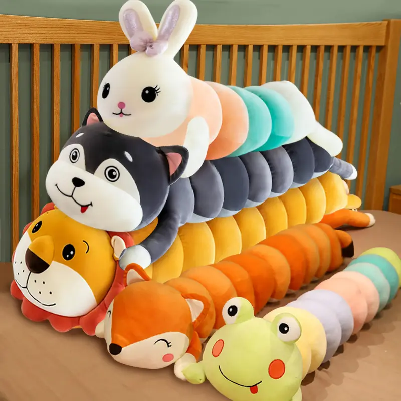 New Cute Long Caterpillar Shaped Plush Fox Frog Dog Lion Rabbit Toys Stuffed Animal Pillows