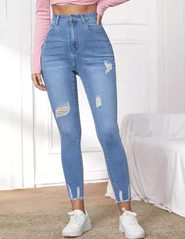 Calça jeans feminina skinny elástica, jeans skinny perfurado plus size