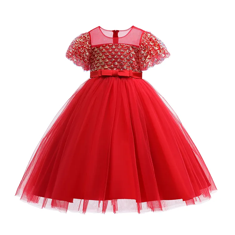 High Grade Lantejoulas Floral Criança Puff Manga Chiffon Kid Party Dress 5 a 13 18 Anos de Idade Casamento Smocking Vestidos Meninas