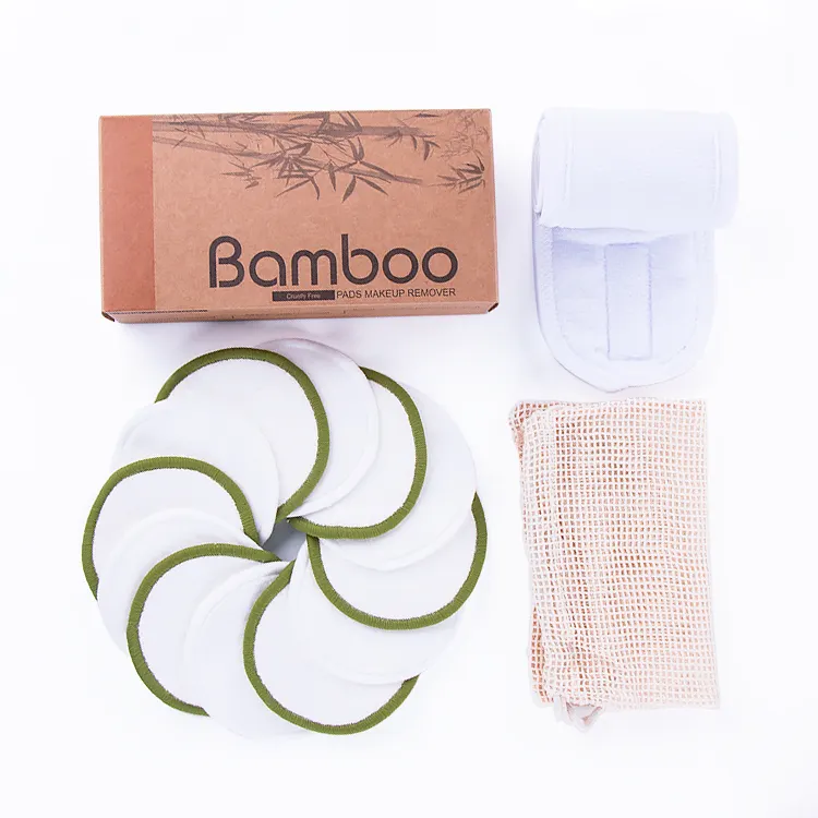 Almohadillas faciales de bambú lavables, lavables, de algodón, respetuosas con el medio ambiente, marca privada, azul y rosa, con caja