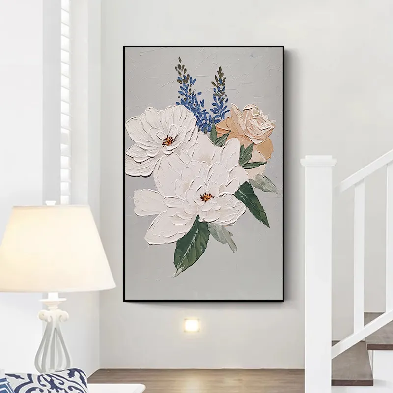 Phổ biến nóng Bán tay sơn phòng khách trang trí nội thất trừu tượng hoa trắng hiện đại Kết cấu vải sơn dầu