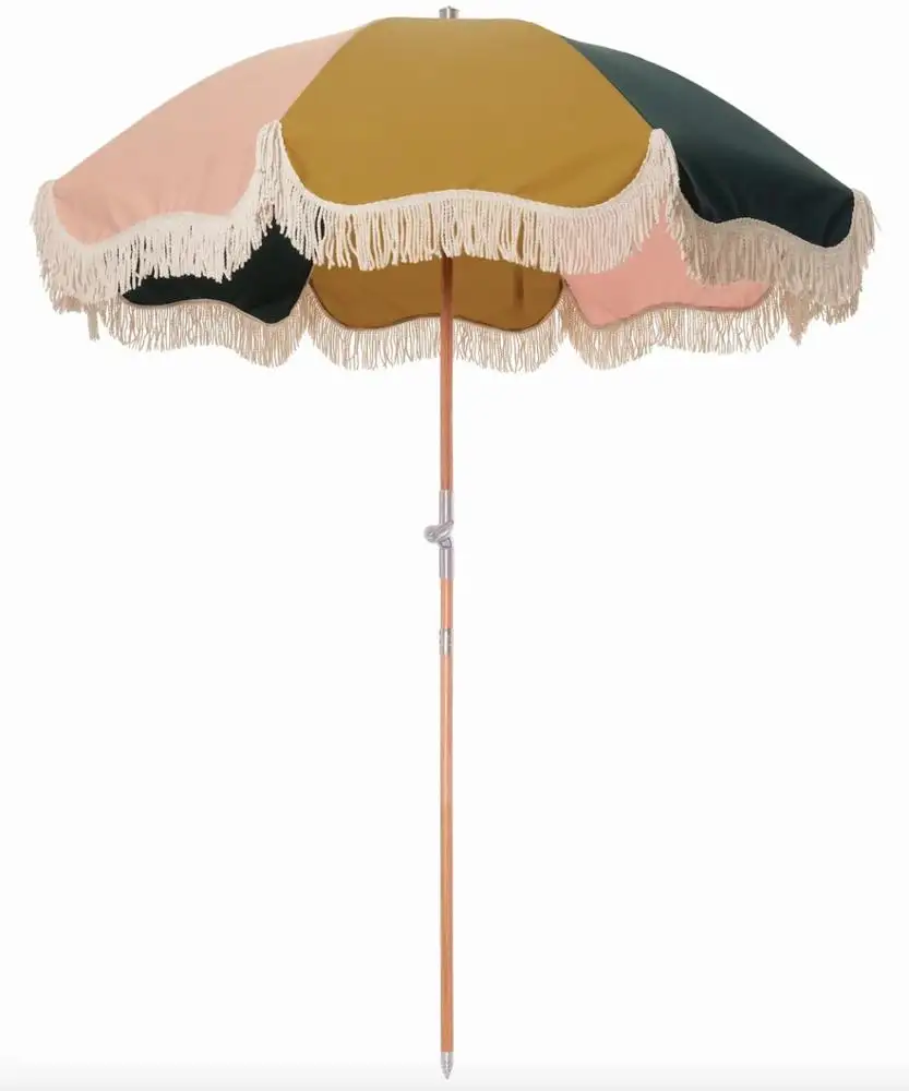 Luxury wooden pole garden parsol umbrella with tassels vintage beach umbrella photos