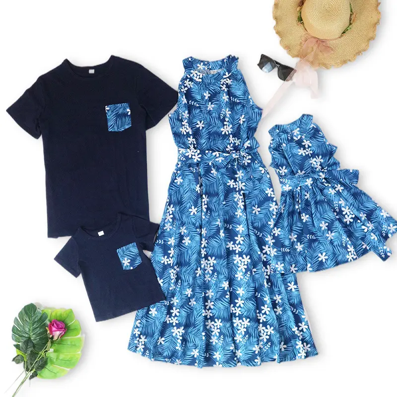 ชุดเดรสครอบครัวพิมพ์ลายสำหรับเด็ก,เสื้อยืดชุดทั้งครอบครัวสไตล์ฮาวายเดินชายหาดสำหรับฤดูร้อน